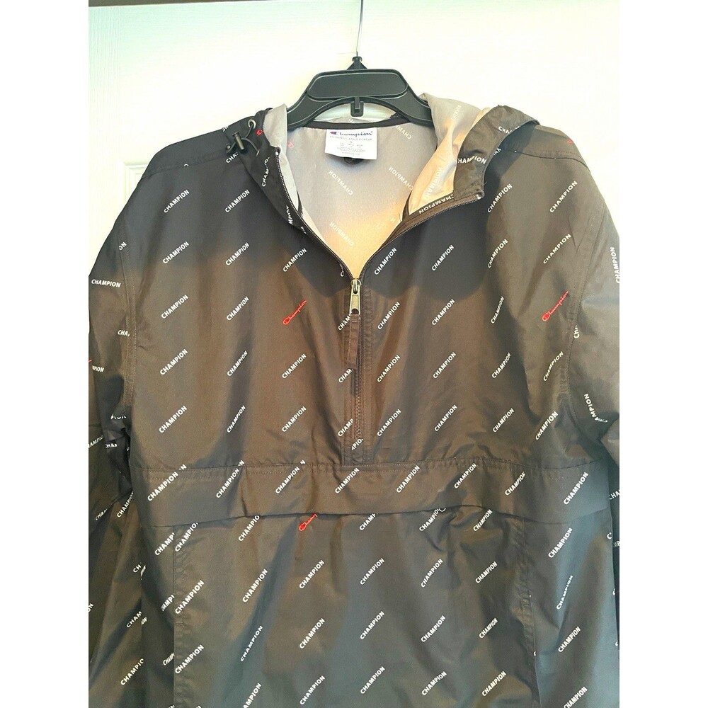 Champion Men's -S-Black/Gray LogoWindbreaker Jacket Half-Zip Hood Zipped Pockets